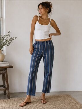 Handmade Boho Striped Blue and Tan Pants Size XS S Stretch Denim Artisan